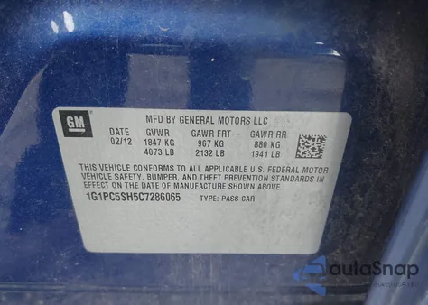 2012 Chevrolet Cruze Ls from USA, damaged, VIN 1G1PC5SH5C7286065